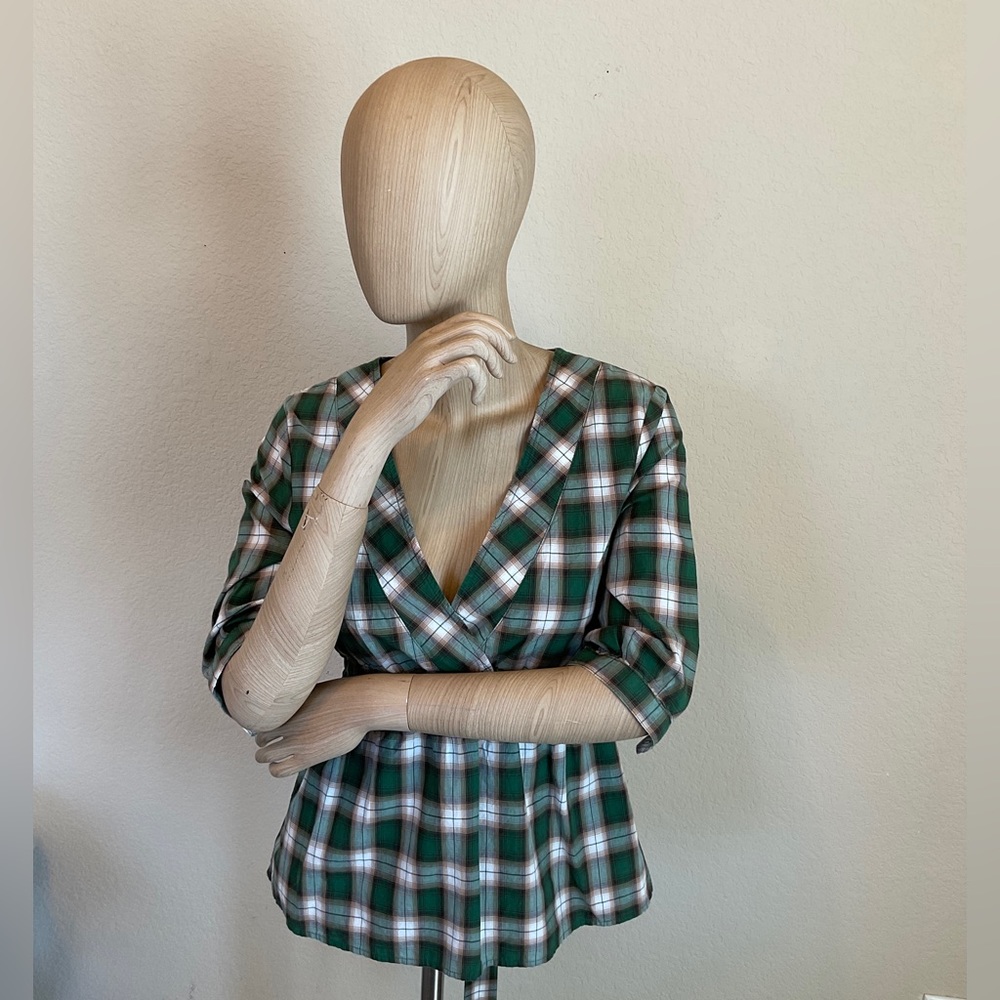 Roots Y2K Beatrix Plaid Faux Wrap Top Peplum Gathered Waist Tie Green Small